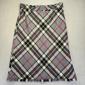 J.Crew Wool Skirt Womens 4 Plaid A-Line Fringe Hem Gray Black Red Tartan Lined
